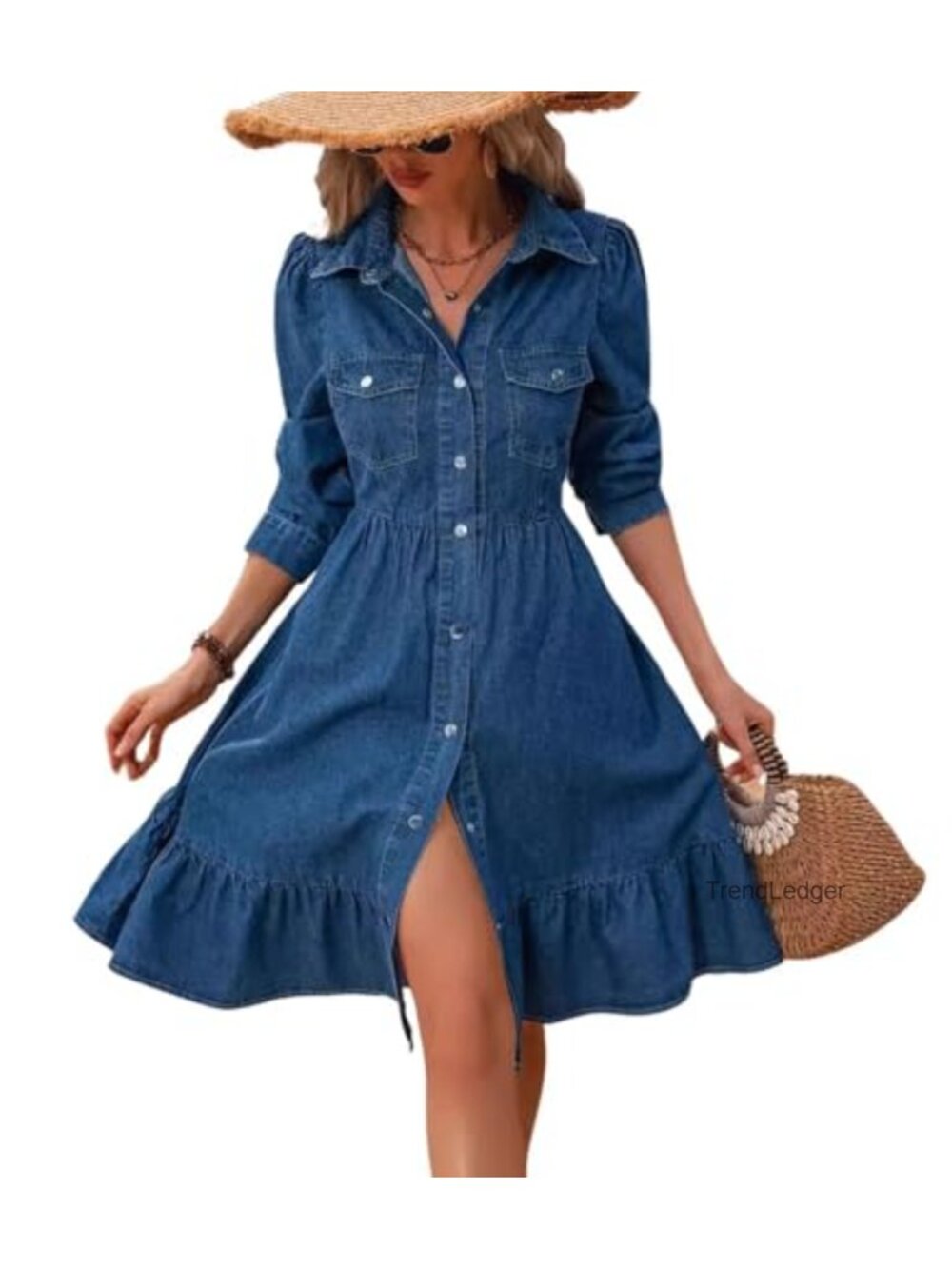 Flowy Denim Dress Long Puff Sleeve Button Down A Line Midi Jean Dress